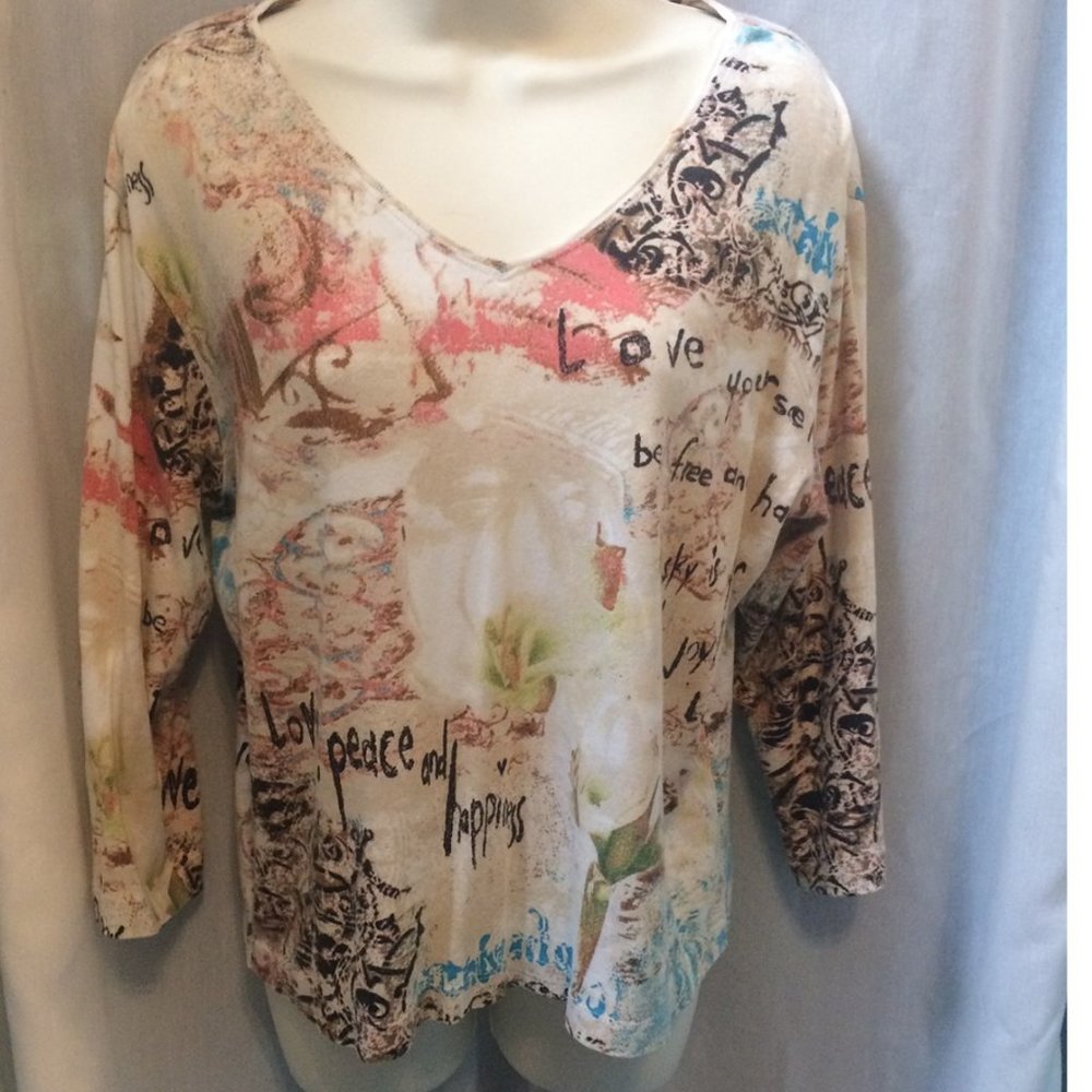 Chico's Love happiness Peace message shirt size 2 US sz Lg